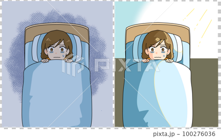 睡眠不足で眠れない夜を過ごし、朝を迎える女性の俯瞰イラスト 100276036