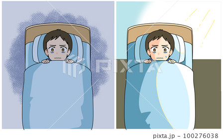 睡眠不足で眠れない夜を過ごし、朝を迎える男性の俯瞰イラスト 睡眠不足で眠れない夜を過ごし、朝を迎える男性の俯瞰イラスト 100276038