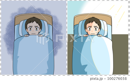睡眠不足で眠れない夜を過ごし、朝を迎える男性の俯瞰イラスト 睡眠不足で眠れない夜を過ごし、朝を迎える男性の俯瞰イラスト 100276038