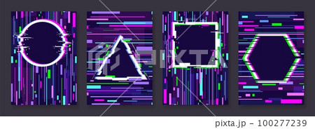 Futuristic technology banners, noise effect cover graphic design. Glitch neon colors frames, vector digital noise templates Futuristic technology banners, noise effect cover graphic design. Glitch neon colors frames, vector digital noise templates 100277239