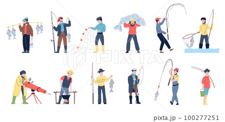 Cartoon fishers characters. Fishermen active relax, recreation on nature and hobby. Fishing leisure, man holding giant fish. Men with rods recent vector set Cartoon fishers characters. Fishermen active relax, recreation on nature and hobby. Fishing leisure, man holding giant fish. Men with rods recent vector set 100277251