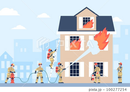 House on fire and firefighters in uniform put out it. Fires danger and fireman climbing for rescue. Flat firefighter characters working recent vector scene House on fire and firefighters in uniform put out it. Fires danger and fireman climbing for rescue. Flat firefighter characters working recent vector scene 100277254