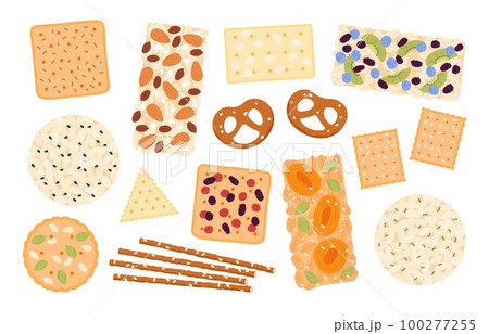 Healthy snacks seed nuts and fruits. Rice seed cracker and bread, biscuit with seeds. Dry fruit, energy athletic sport food. Snack options racy vector set 100277255