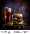 Homemade burger with grilled beef, cheese, onion, tomato, and green salad, sauce, with pickles and French fries,and a glass of beer in the background. 100277893