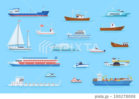 Cartoon ships harbor. Marine carrier boats on river ferry port dock side view, ocean tanker cargo container nave yacht modern sailboat speedboat cruise vessel vector illustration 100278008