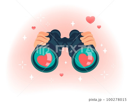 Binocular search love. Man hands holding binoculars glasses and looking loving girl or guy through them, searching heart couple dating banner concept, cartoon vector illustration 100278015