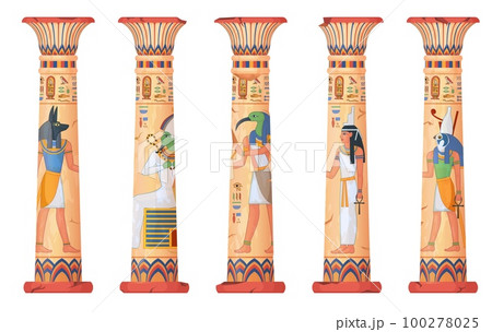 Egypt columns. Pillars of ancient egyptian temple, old stone or clay column with god pharaohs engraving, capital sun throne temples ruins, cartoon ingenious vector illustration 100278025