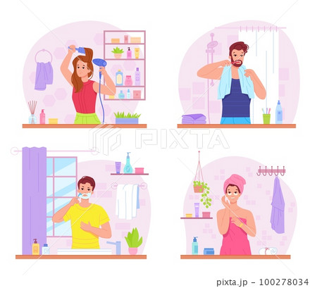 People everyday hygiene. Morning skincare lifestyle, oral dental care teeth brushing, man shaving razor woman with towel or hair dryer after home shower, swanky vector illustration 100278034