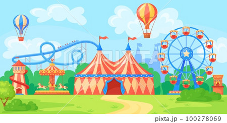 Fairground landscape. Panoramic amusement park, city entertainment in daytime fun festival carnival theme circus background, funfair carousel rollercoaster neat vector illustration 100278069