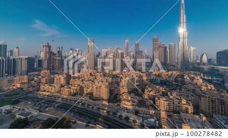 Dubai Downtown morning timelapse with tallest skyscraper and other towers 100278482