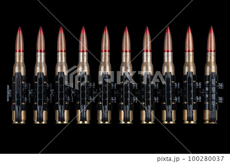 Ammunition belt with 12.7mm cartridges for heavy machine gun DSHK used by the former Soviet Union. Ammunition belt with 12.7mm cartridges for heavy machine gun DSHK used by the former Soviet Union. 100280037