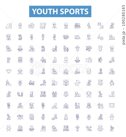 Youth sports line icons, signs set. Youth, Sports, Soccer, Basketball, Football, Baseball, Hockey, Lacrosse, Track outline vector illustrations. Youth sports line icons, signs set. Youth, Sports, Soccer, Basketball, Football, Baseball, Hockey, Lacrosse, Track outline vector illustrations. 100280165
