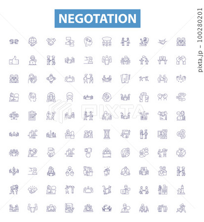 Negotation line icons, signs set. Negotiate, haggle, discuss, bargain, mediate, arbitrate, parley, contend, debate outline vector illustrations. 100280201