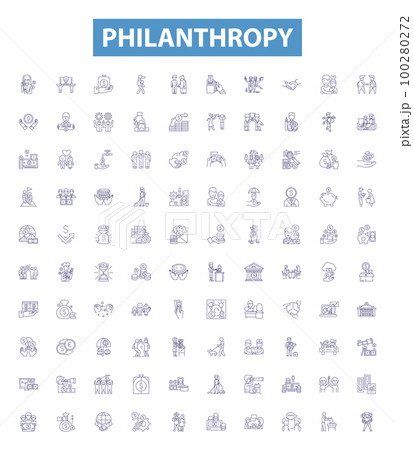 Philanthropy line icons, signs set. Charitable, Generous, Altruistic, Selfless, Humane, Giving, Altruism, Donating, Big Hearted outline vector illustrations. 100280272