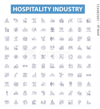 Hospitality industry line icons, signs set. Hospitality, Industry, Tourism, Accommodation, Hotels, Services, Food, Restaurants, Resorts outline vector illustrations. 100280431