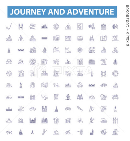 Journey and adventure line icons, signs set. Voyage, Expedition, Trek, Traverse, Roam, Expeditionary, Tour, Exploration, Wandering outline vector illustrations. 100280508