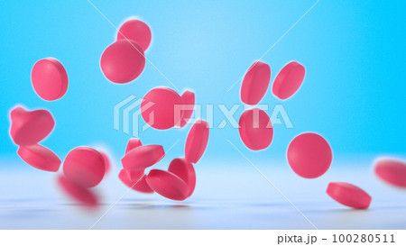 Freeze motion of falling pills on blue background. Freeze motion of falling pills on blue background. 100280511