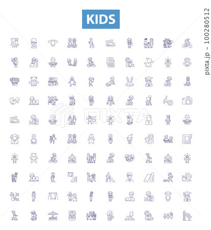Kids line icons, signs set. Children, Toddlers, Babies, Youth, Teenagers, Infants, Nursery, Playful, Educate outline vector illustrations. 100280512