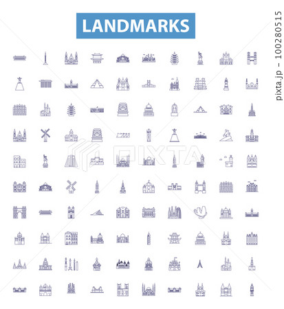 Landmarks line icons, signs set. Monuments, Statues, Structures, Buildings, Palaces, Ruins, Temples, Architecture, Lighthouses outline vector illustrations. 100280515
