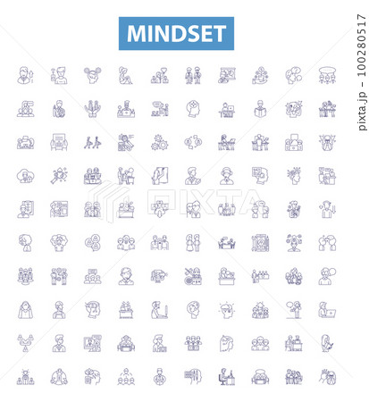 Mindset line icons, signs set. Attitude, Outlook, Perspective, Psyche, Disposition, Worldview, Thinking, Tenor, Mental outline vector illustrations. Mindset line icons, signs set. Attitude, Outlook, Perspective, Psyche, Disposition, Worldview, Thinking, Tenor, Mental outline vector illustrations. 100280517