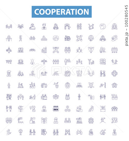 Cooperation line icons, signs set. Collaboration, Accord, Alliance, Union, Consensus, Compromise, Amity, Affinity, Truce outline vector illustrations. Cooperation line icons, signs set. Collaboration, Accord, Alliance, Union, Consensus, Compromise, Amity, Affinity, Truce outline vector illustrations. 100280545