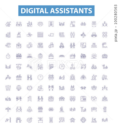 Digital assistants line icons, signs set. Virtual, Assistants, Digital, Siri, Alexa, Cortana, Bixby, Google, Home outline vector illustrations. 100280563