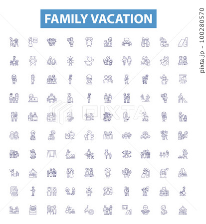 Family vacation line icons, signs set. Vacation, Family, Trip, Tour, Journey, Holiday, Adventure, Outing, Retreat outline vector illustrations. 100280570