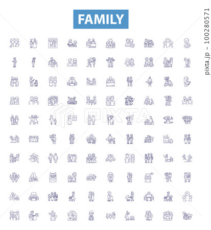 Family line icons, signs set. Kin, Relatives, Clan, Lineage, Descendants, Brood, Tribe, Kinfolk, Offspring outline vector illustrations. 100280571