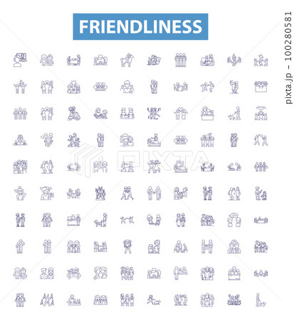 Friendliness line icons, signs set. Affability, Amiability, Approachability, Benevolence, Camaraderie, Comradeship, Cordiality, Courtesy, Generosity outline vector illustrations. Friendliness line icons, signs set. Affability, Amiability, Approachability, Benevolence, Camaraderie, Comradeship, Cordiality, Courtesy, Generosity outline vector illustrations. 100280581