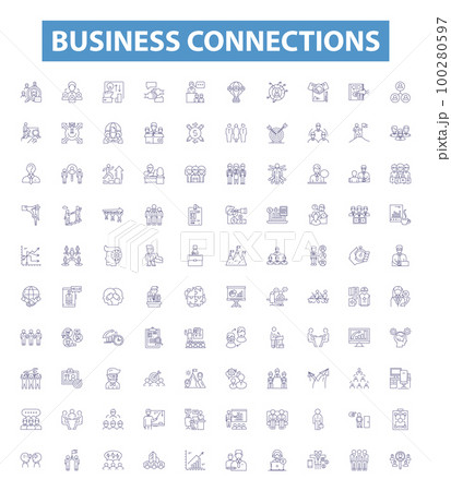 Business connections line icons, signs set. Networking, Linkages, Partnerships, Alliances, Relationships, Collaborations, Contacts, Connections, Affiliations outline vector illustrations. 100280597
