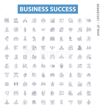 Business success line icons, signs set. Profitability, Productivity, Expansion, Innovation, Proficiency, Growth, Networking, Strategic, Maximization outline vector illustrations. 100280606