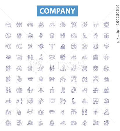 Company line icons, signs set. Business, Firm, Corporation, Venture, Conglomerate, Company, Establishment, Organization, Institution outline vector illustrations. 100280616