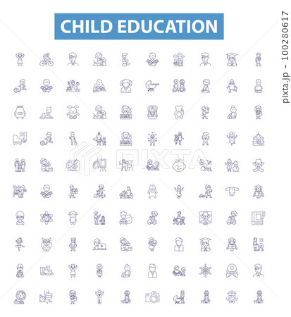 Child education line icons, signs set. Child, education, kindergarten, preschool, tutor, learning, scholar, instructor, primary outline vector illustrations. 100280617