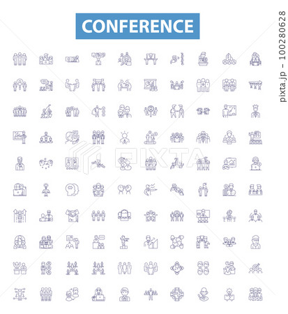 Conference line icons, signs set. Conclave, Forum, Summit, Dialogue, Symposium, Assembly, Rally, Caucus, Gavel outline vector illustrations. 100280628