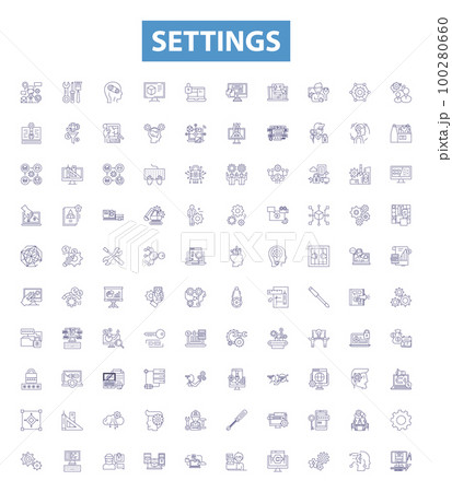 Settings line icons, signs set. Configure, Parameter, Adjustment, Option, Preference, Regulation, Customize, Alteration, Modify outline vector illustrations. 100280660