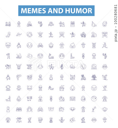 Memes and humor line icons, signs set. Memes, Humor, Comedy, Laughs, Jokes, Pranks, Quips, Comedy, Wink outline vector illustrations. 100280681
