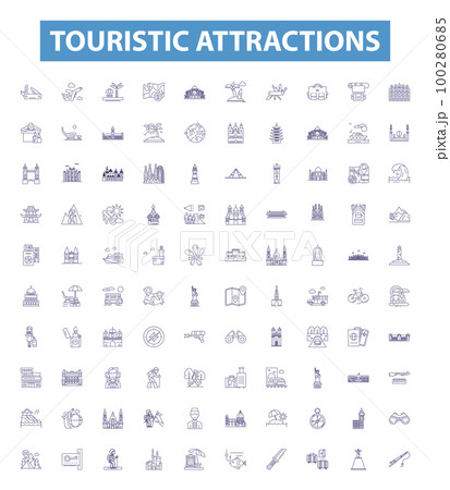Touristic attractions line icons, signs set. Attractions, Tourism, Sites, Sightseeing, Vacations, Places, Views, Excursions, Monuments outline vector illustrations. Touristic attractions line icons, signs set. Attractions, Tourism, Sites, Sightseeing, Vacations, Places, Views, Excursions, Monuments outline vector illustrations. 100280685