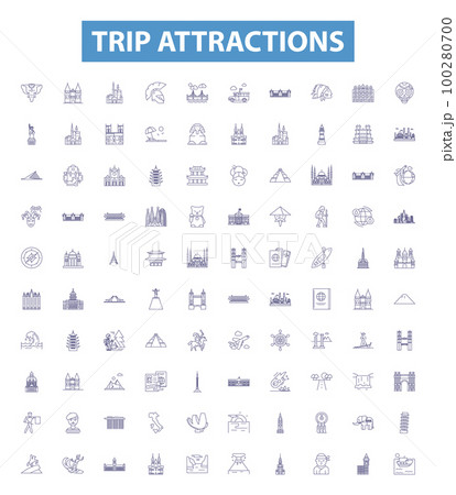 Trip attractions line icons, signs set. Tourist, Sightseeing, Local, Adventure, Beaches, Culture, Monuments, Cathedrals, Temples outline vector illustrations. 100280700