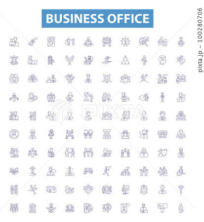 Business office line icons, signs set. Office, Business, Commercial, Desk, Furniture, Equipment, Files, Chairs, Supplies outline vector illustrations. 100280706