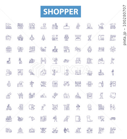 Shopper line icons, signs set. Shopper, Buyer, Consumer, Shopper lifter, Retailer, Spender, Client, Patron, Bargainer outline vector illustrations. 100280707