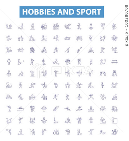 Hobbies and sport line icons, signs set. sport, hobbies, hiking, running, yoga, swimming, cycling, fishing, dancing outline vector illustrations. 100280708