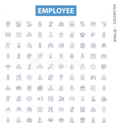 Employee line icons, signs set. Worker, Staff, Person, Personnel, Associate, Hire, Employee, Colleague, Wage outline vector illustrations. 100280709
