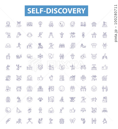 Self-discovery line icons, signs set. Exploration, Introspection, Growth, Perception, Understanding, Awareness, Identification, Self Reflection, Clarity outline vector illustrations. 100280711