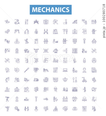 Mechanics line icons, signs set. Automotive, Physics, Engineering, Repair, Technician, Force, Friction, Torque, Electro Mechanics outline vector illustrations. Mechanics line icons, signs set. Automotive, Physics, Engineering, Repair, Technician, Force, Friction, Torque, Electro Mechanics outline vector illustrations. 100280718