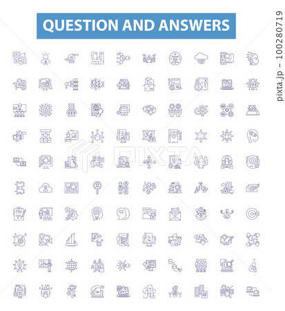 Question and answers line icons, signs set. Questions, Answers, Quiz, Inquiry, Reply, Answerable, Answering, Query, Solution outline vector illustrations. 100280719