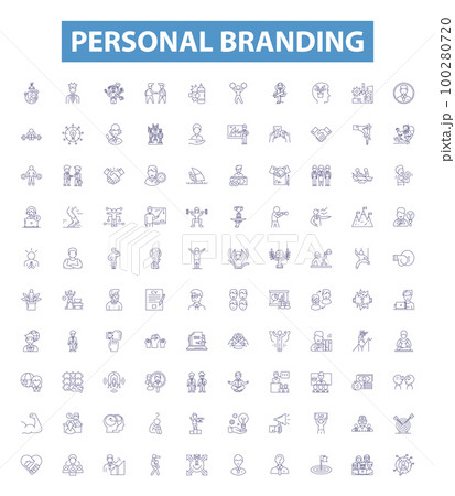Personal branding line icons, signs set. Personal, branding, identity, image, strategy, marketing, self promotion, online, reputation outline vector illustrations. 100280720
