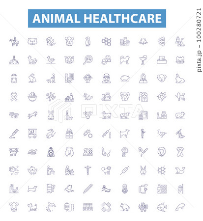 Animal healthcare line icons, signs set. Veterinary, Pets, Wellness, Diagnostics, Treatment, Vaccines, Surgery, Adoption, Rehabilitation outline vector illustrations. 100280721
