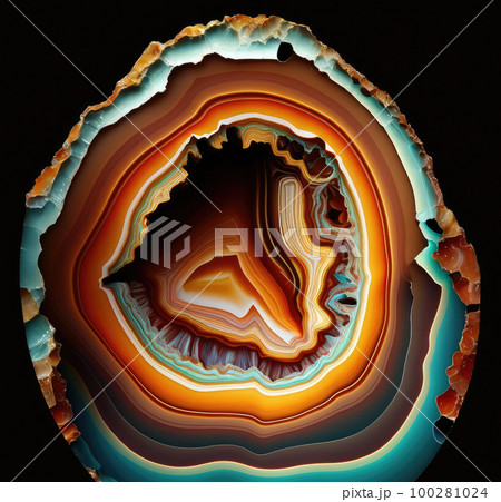 Agate Cut Texture Background, Gem Slice, Crystal Mineral Pattern, Textured Agate, Abstract Generative Ai Illustration 100281024