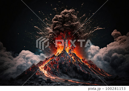 Volcanic eruption with flowing lava and ash emission. Natural disaster. Dramatic landscape with active volcano. Created with Generative AI 100281153
