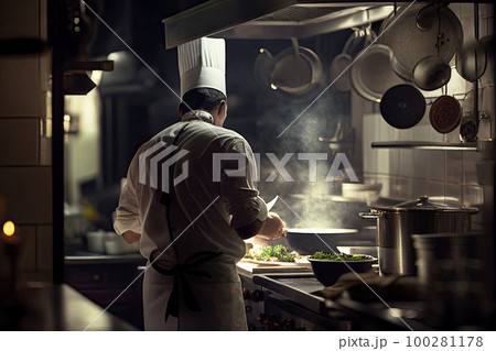 Chef cooking in restaurant kitchen interior. Back view of man in chef robe and hat cooks food on stove, an open flame in frying pan. Created with Generative AI 100281178